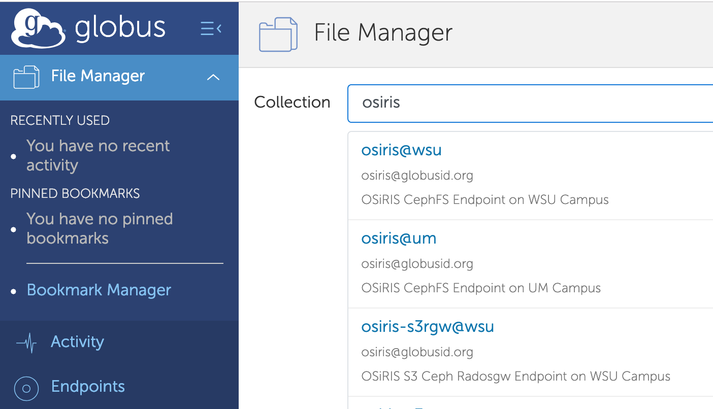 Globus endpoint search