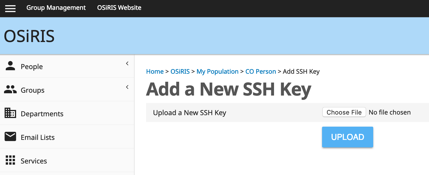COmanage SSH key upload screen