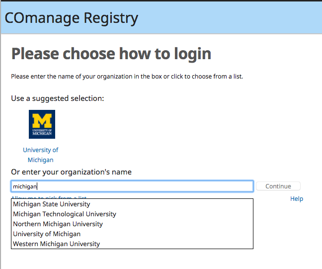 COmanage institution selection screen